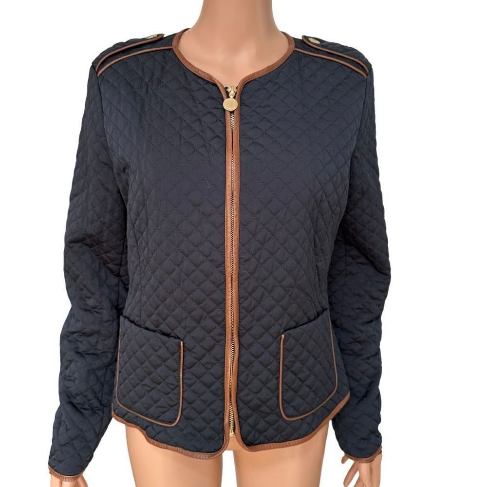 Massimo Dutti navy quilted jacket with leather trim full zip size L